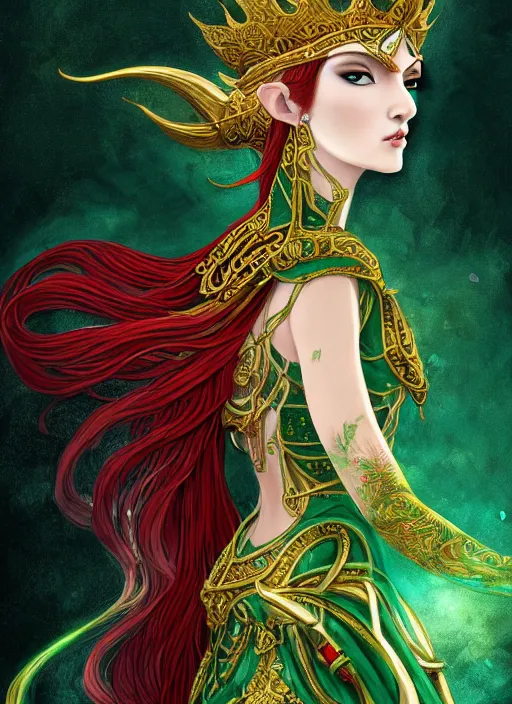 Prompt: a painting of a beautiful elven queen with long red hair, wearing green, red and gold ornate dress, golden intricate crown. detailed full body portrait, intricate complexity, concept art, in style of masamune shiro and ghost in the shell. cinematic dramatic atmosphere, sharp focus, rule of thirds, 4 k,