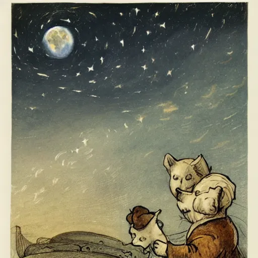 Prompt: night sky, stars, crescent talking moon smiling prominently in the center, surrounded by clouds, landscape, illustrated by peggy fortnum and beatrix potter and sir john tenniel