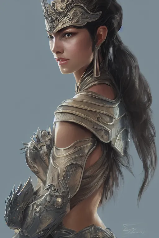 Image similar to three-quarters portrait pose of a beautiful woman, slim body, shining armor, human warrior, fantasy, intricate, elegant, highly detailed, digital painting, artstation, concept art, matte, sharp focus,D&D, illustration, art by Stanley Lau