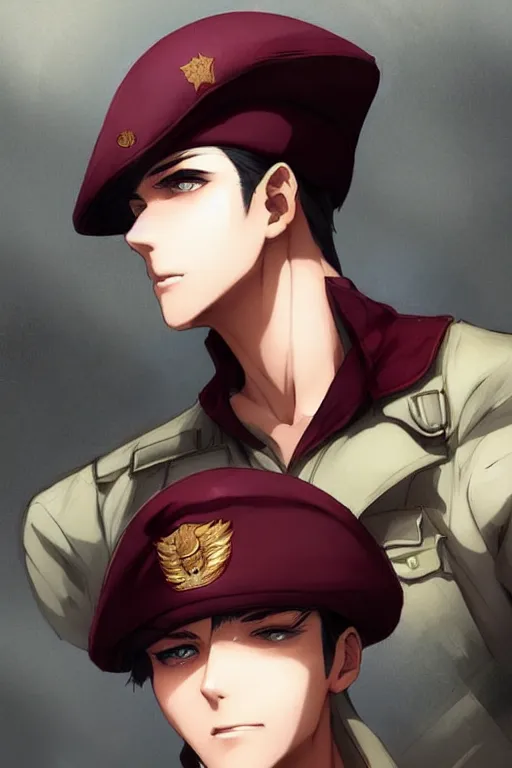 Prompt: beautiful portrait commission military clothes maroon beret. Atmospheric. Character design by charlie bowater, ross tran, artgerm, and makoto shinkai, detailed, inked, western comic book art. male anthro!!! fruit bat