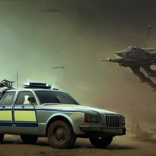 Image similar to a highly detailed epic cinematic concept art CG render digital painting artwork: dieselpunk Soviet 1980s police patrol car. By Greg Rutkowski, Ilya Kuvshinov, WLOP, Stanley Artgerm Lau, Ruan Jia and Fenghua Zhong, trending on ArtStation, subtle muted cinematic colors, made in Maya, Blender and Photoshop, octane render, excellent composition, cinematic atmosphere, dynamic dramatic cinematic lighting, precise correct anatomy, aesthetic, very inspirational, arthouse