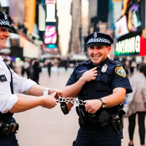 Prompt: 2 police officers handcuffing each other, smiling, time square, 4 k, photography