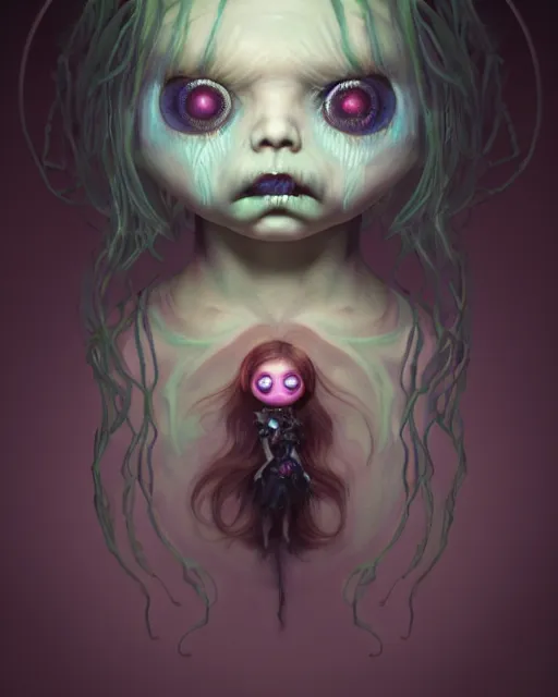 Image similar to one singular portrait of a cute bioluminescent creepy doll from nightmares with glowing eyes, highly detailed, digital painting, cinematic, hyper realism, dark retrowave, art by stanley lau and artgerm and magali villeneuve and alphonse mucha, artstation, octane render, cgsociety