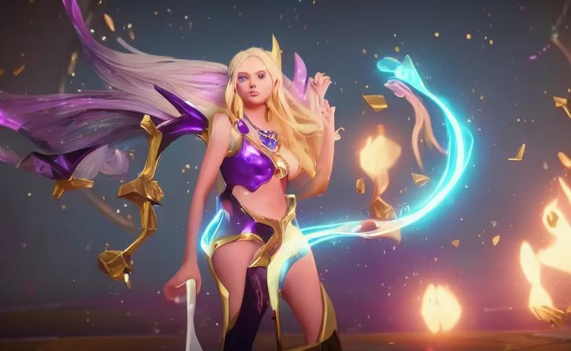 Image similar to still of pretty Lux (League of Legends) in KDA More music video. 3d render, octane render, game art, realistic, highly detailed, trending on artstation, 4k, trending on artstation, pixar, cgsociety, unreal engine 5, redshift render, trending on artstation, blender, behance, cg