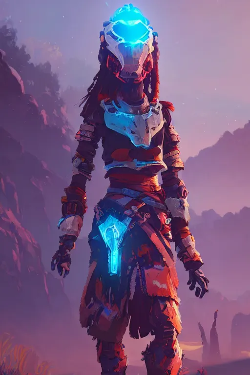 Image similar to combination suit armor aloy horizon forbidden west horizon zero dawn radiating a glowing aura global illumination ray tracing hdr fanart arstation by ian pesty and alena aenami artworks in 4 k tribal robot ninja mask helmet backpack