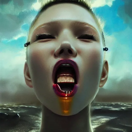 Image similar to 3 d, close - up, screaming fashion model face, sun, cinematic, clouds, vogue cover style, dystopian art, poster art, futuristic, fantasy artrealistic painting, intricate oil painting, high detail illustration, by tooth wu and wlop and beeple and greg rutkowski