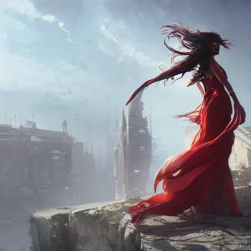 Image similar to a woman with long hair and with red long dress balancing with wind in urban scene, highly detailed, illustration, fantasy art, in the style of greg rutkowski, epic, fantasy, intricate, hyper detailed, artstation, concept art, smooth, sharp focus, ray tracing