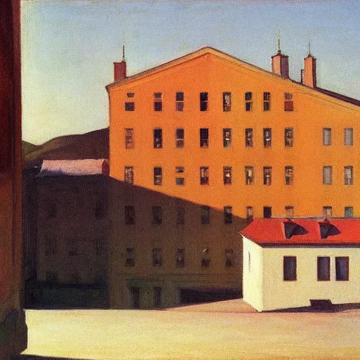 Prompt: an edward hopper style painting of a ( ( ( ( ( ( ( ( small town csorna ) ) ) ) ) ) ) ) in hungary, early - spring, march of 1 9 5 5