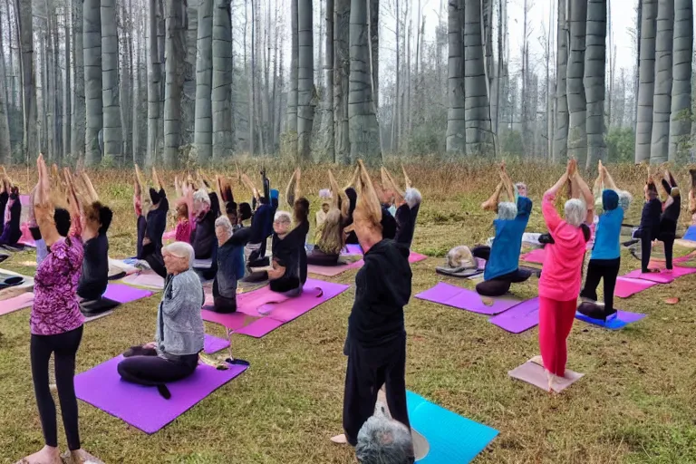 Image similar to senior citizen yoga club meeting, outside Cherynobyl nuclear reactor during meltdown