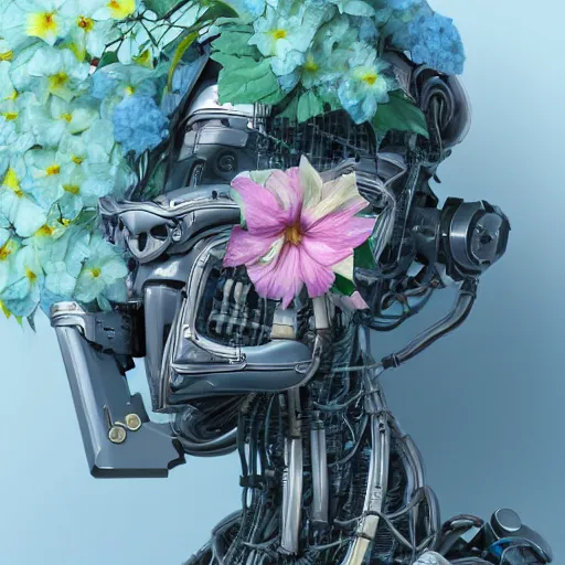 Prompt: a beautiful fine art RPG portrait photo of a resting cyberpunk gigeresque robot, spread out wavy hair covered by by hibiscus, daffodils, hydrangea, montsera leaves, soft studio lighting, 50mm lens, very detailed, bionic, robotic, deep depth of field, artstation, 4K