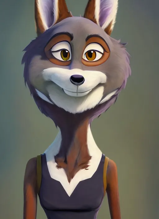 Image similar to oil painting of detailed full body of anthromorphic female wolf, in style of zootopia, zootopia, zootopia, fursona, furry, furaffinity, 4 k, deviantart, furry art, fursona art, wearing black business suit, business suit, in style of zootopia, wolf fursona, cyberpunk, female, expressive detailed feminine face,