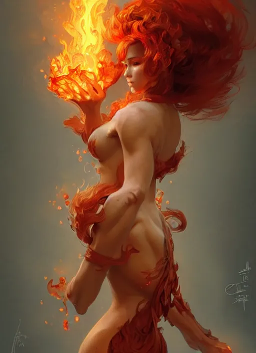 Image similar to a cute fire elemental, with fingers and hair turning into flames, fantasy, intricate, elegant, highly detailed, digital painting, artstation, concept art, wallpaper, smooth, sharp focus, illustration, art by artgerm and greg rutkowski and alphonse mucha