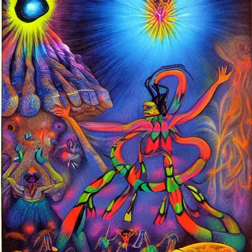 Prompt: surrealist illustration of a shaman having a blast at a shamanistic rave, having fun with the spirits of nature, just having a good time transcending time and space, psychedelic, come on, let's dance