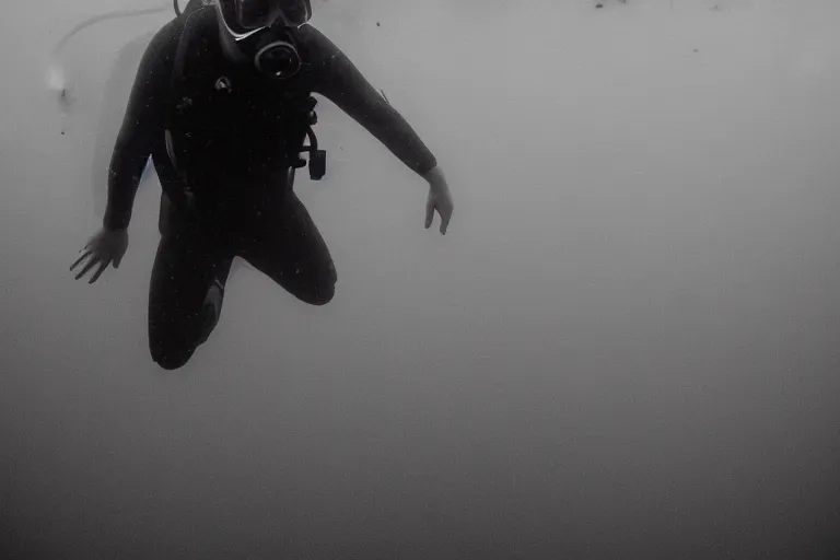 Image similar to a ominous diver swimming underwater, photo-realistic, dark, smog, creepy, vast, shot by a camera,