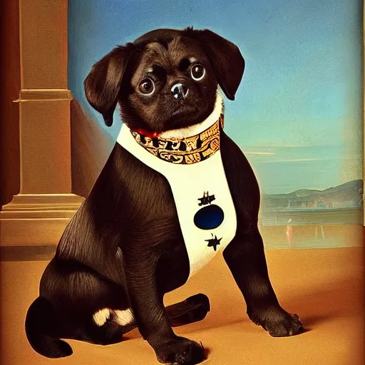 Image similar to portrait of black pugalier dog wearing an elvis costume, renaissance style painting