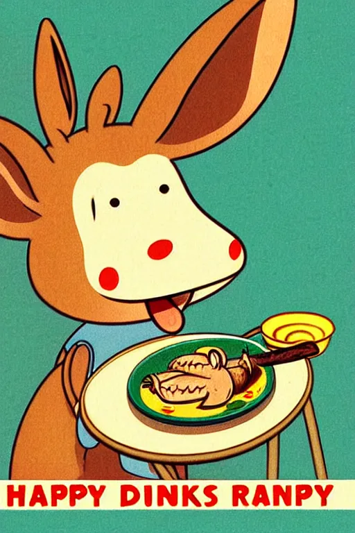 Prompt: by richard scarry. happy donkey eating a leg. a 1 9 5 0 s retro illustration. studio ghibli. muted colors, detailed