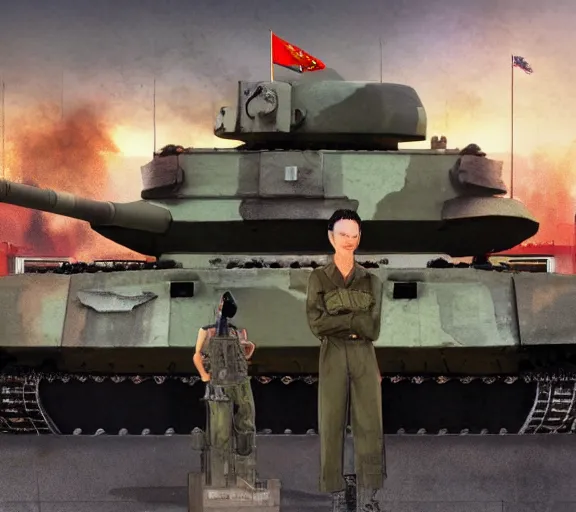 Prompt: photorealistic concept art of tiananmen square tank man standing in front of tank girl's tank, detailed