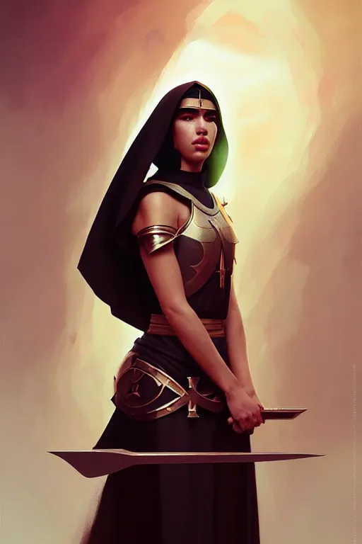 Image similar to portrait of dua lipa as a beautiful warrior nun as drawn by eric anthony johnson ericanthonyj artstation artgerm greg rutkowski and magali villeneuve 8 k subsurface scattering, soft light