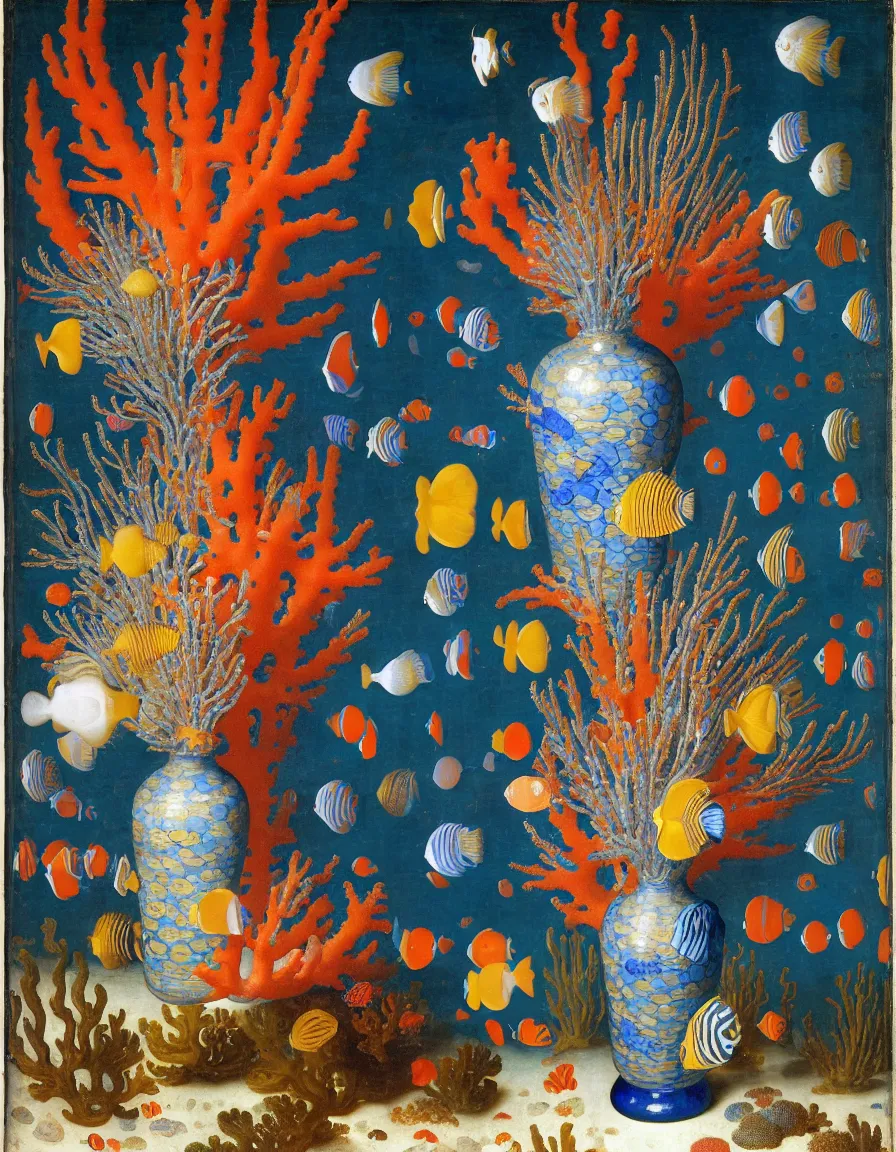 Prompt: bottle vase of coral under the sea decorated with a dense field of stylized scrolls that have opaque outlines enclosing mottled blue washes, with blue cobalt shells and yellow fishes, Ambrosius Bosschaert the Elder, oil on canvas, around the edges there are no objects