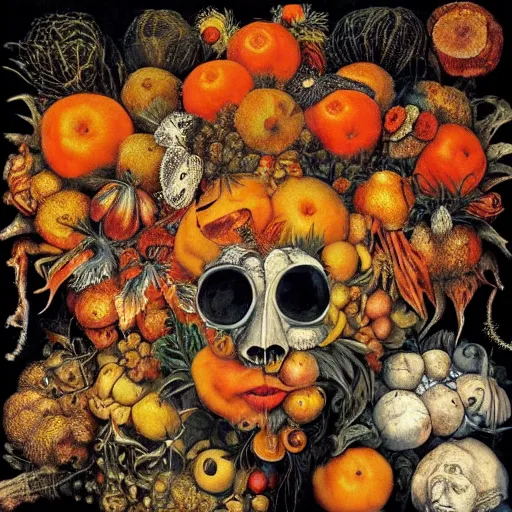 Prompt: album cover, new age, black, white, orange, psychedelic, giuseppe arcimboldo