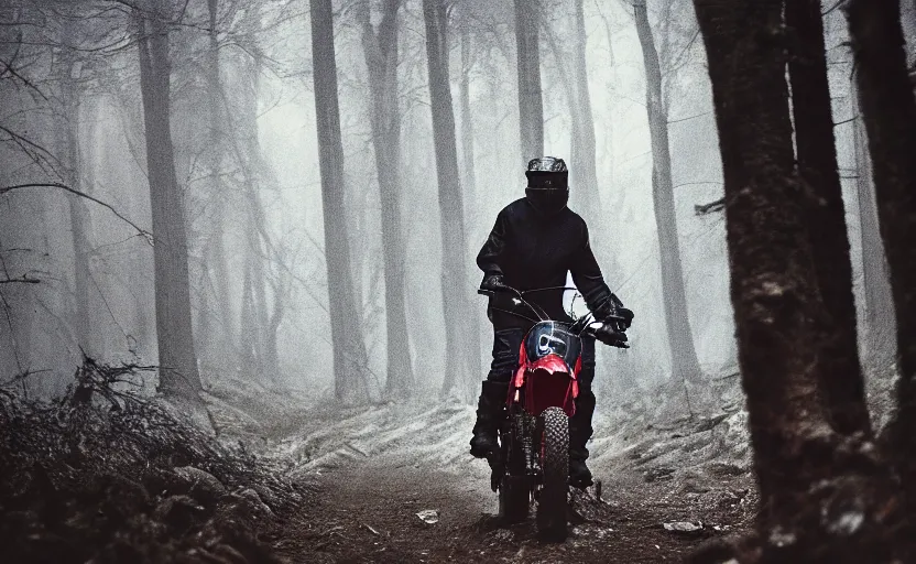 Image similar to cinestill 5 0 d candid photographic portrait by helen levitt of joe biden wearing rugged black mesh techwear riding on a dirtbike through a deep forest, extreme closeup, modern cyberpunk moody emotional cinematic, snow storm, 8 k, hd, high resolution, 3 5 mm, f / 3 2, ultra realistic faces, ex machina