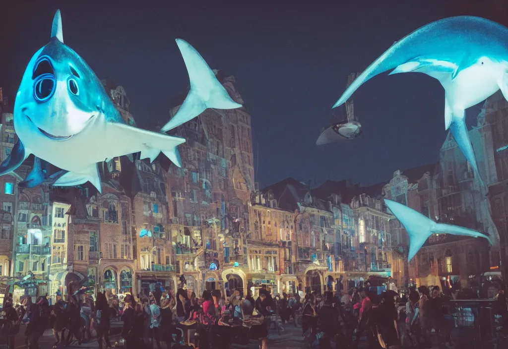 Image similar to 3 d 🦈 popping out of curved screen, town square, volumetric lighting, shot on 7 0 mm, instax