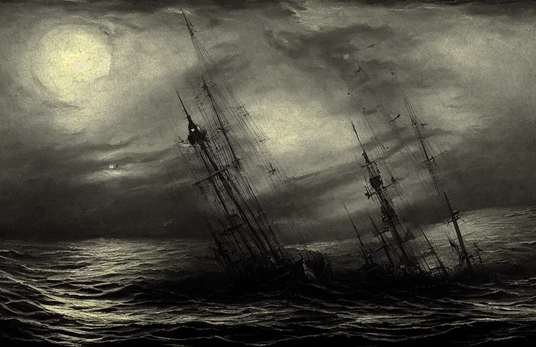 Prompt: excellent gesture and form ship ever further out to sea intact flawless ambrotype from 4 k criterion collection remastered cinematography gory horror film, ominous lighting, evil theme wow photo realistic postprocessing render by christopher soukup fusing a dream world of imagination with closely observed reality photograph by ansel adams painting by victor vasnetsov