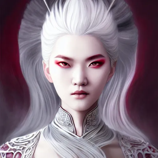 Image similar to Wuxia Blood Cultivator, white hair, gorgeous, amazing, elegant, intricate, highly detailed, digital painting, artstation, concept art, sharp focus, illustration, art by Ross tran and kuvshinov, photography portrait by Paolo Roversi