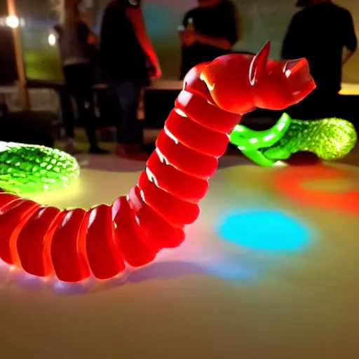 Image similar to a futuristic robot gummi worm. dramatic product lighting. it's a gummi with extra juiciness. but it's also a worm. ick. trendy food truck.