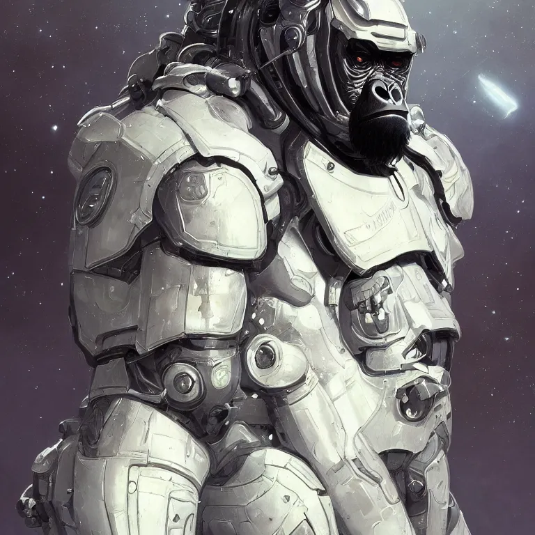 Prompt: a highly detailed science-fiction character portrait of a serious gorilla wearing a white armored space suit, intricate, wild, digital painting, artstation, concept art, smooth, sharp focus, illustration, art by artgerm and greg rutkowski and alphonse mucha