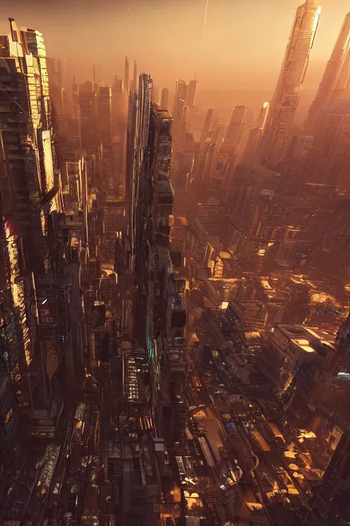 Image similar to cyberpunk cityscape like tokyo nework with tall buildings at dusk golden hour cinematic lighting, epic composition. A golden daylight, hyper-realistic environment. Hyper and intricate detail, photo-realistic. Cinematic and volumetric light. Epic concept art. Octane render and Unreal Engine, trending on artstation