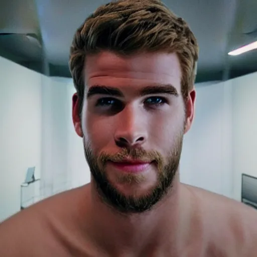 Image similar to “a realistic detailed photo of a guy who is an attractive humanoid who is half robot and half humanoid, who is a male android, actor Liam Hemsworth, shiny skin, posing like a statue, blank stare, at the museum, on display”