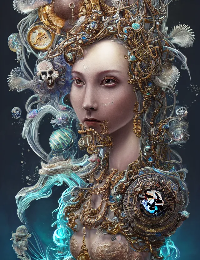 Image similar to goddess macro shouler portrait from bottom to top in crown made of ram skull. betta fish, jellyfish phoenix, bioluminiscent, plasma, ice, water, wind, creature, super intricate ornaments artwork by tooth wu and wlop and shofff and greg rutkowski