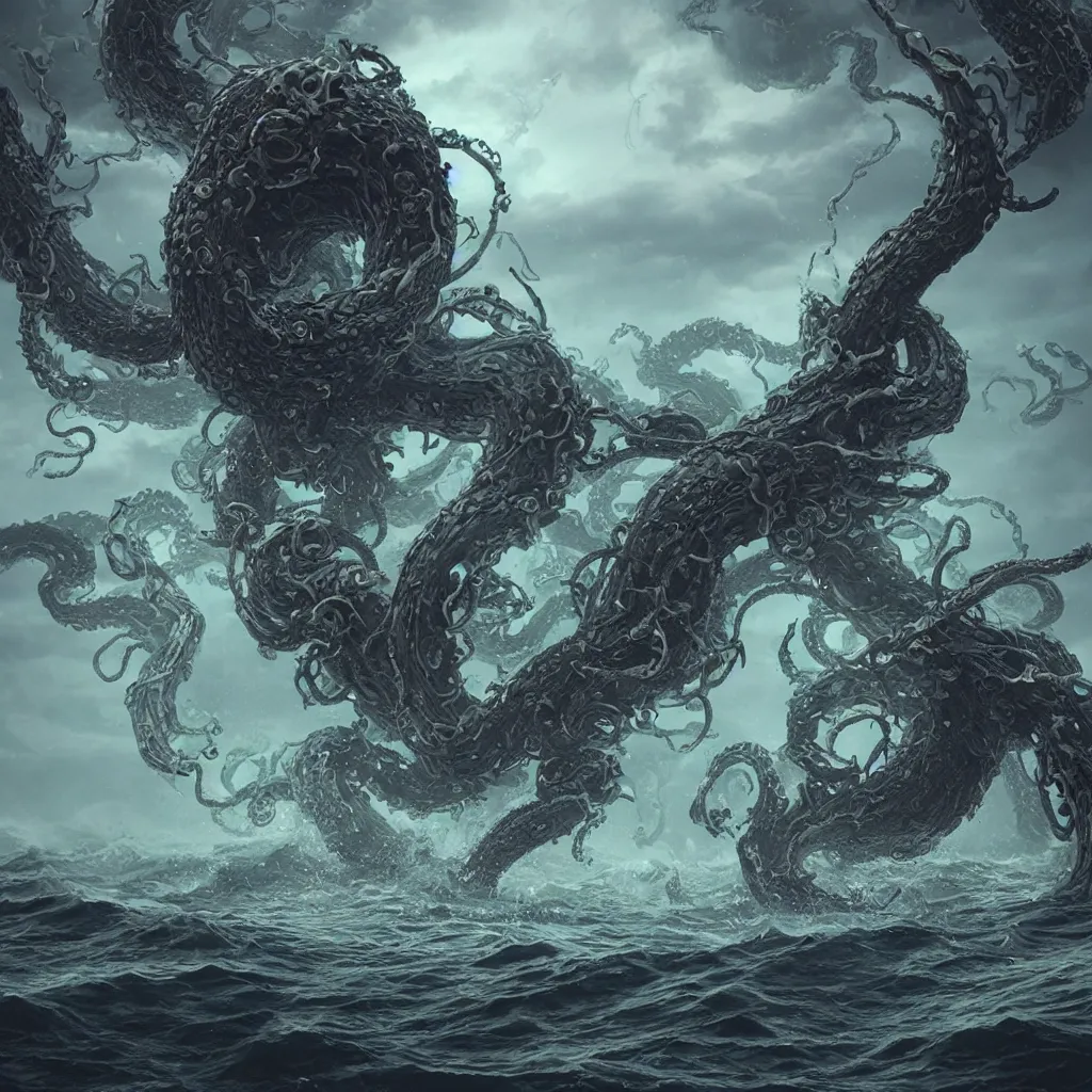 Image similar to a kraken corrupted by demonic power rising out of a stormy sea, intricate artwork by Tooth Wu and wlop and beeple. octane render, trending on artstation, greg rutkowski very coherent symmetrical artwork. cinematic, hyper realism, high detail, octane render