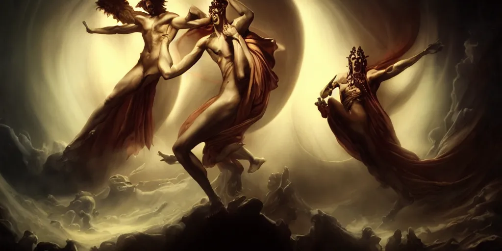 Image similar to Hades the God of the Underworld, by Rolf Armstrong and Evelyn De Morgan and Bastien Lecouffe-Deharme, dramatic lighting, high contrast colors, baroque, empyrean, panoramic view, as trending on Artstation, highly detailed, doom engine,