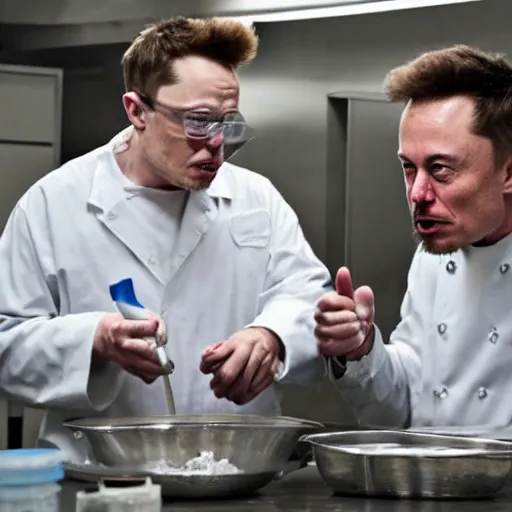 Image similar to elon musk and walter white cooking meth in a laboratory, amazing detail, detailed faces, sharp, 8k