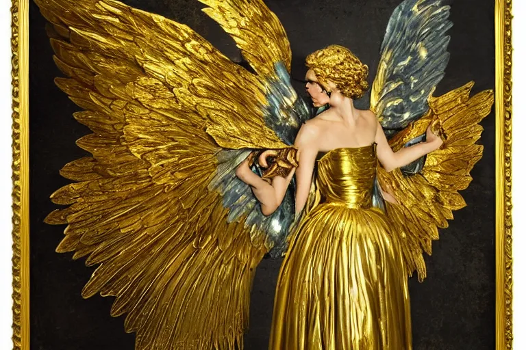 Image similar to a surreal angel with gilded wings and gold accents by Stephan Duquesnoy,