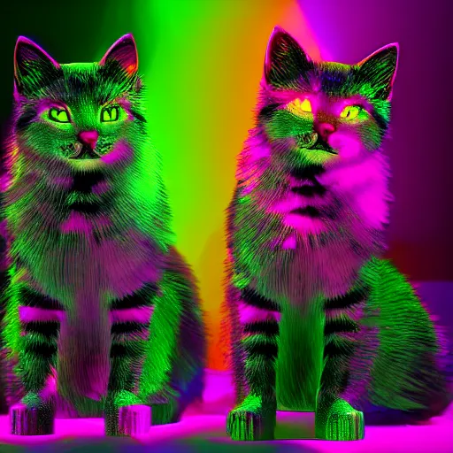 Image similar to neon and fluorescent & iridescent kittens cyperpunk 2 0 7 7, unreal engine 5, 8 k ultra realistic, hyperdetailed, volumetric lighting, extremely high quality