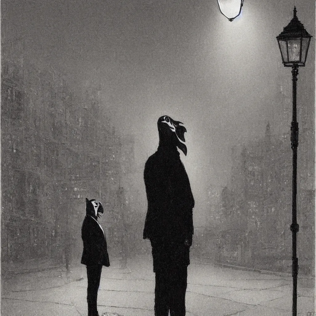 Image similar to a highly detailed portrait of a man wearing a suit and a raven mask standing in the middle of a street illuminated by a lone street lamp, by norman rockwell, cinematic lighting, detailed drawing