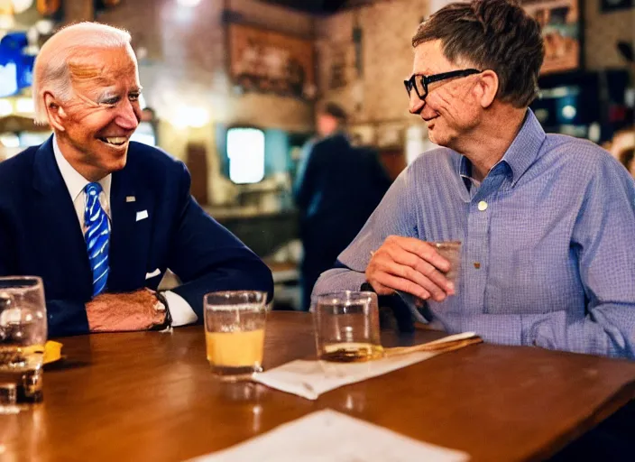 Prompt: Joe Biden and Bill gates, having dinner at a Dive bar restaurant, award winning cinematic photography, 50 mm, blurred background, trending on twitter