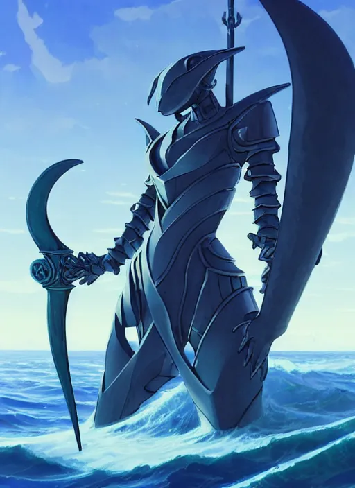 Image similar to close up of a mech armor witch holding a trident, extremely beautiful and aesthetic and detailed cute face and body, back shark fin, big wave horizon, specular reflection, occlusion shadow, dynamic pose, slightly smiling, blue sky, big blade whale and black giants minotaurus, fantasy illustrations, by makoto shinkai and peter mohrbacher and ferdinand knab