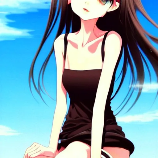 Image similar to attractive elegant sophisticated reservedyoung woman, slim figure, perfect silky straight hair, smooth tan skin, dark circles under bemused eyes, hip emo fashion, tshirt!!, shorts!!, illustrated for newtype magazine!! by range murata!!!, pinterest, very interesting digital painting, beautiful portrait!!!