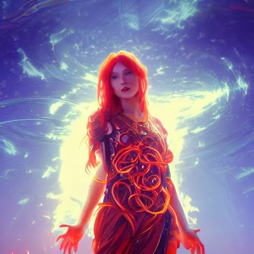 Prompt: highly detailed portrait of a red-haired young woman wearing a futuristic blue tunic, floating in a field of glowing golden tentacles, octane render, trending on artstation, by Artgerm,Greg Rutkowski,Alphonse Mucha, 4k resolution