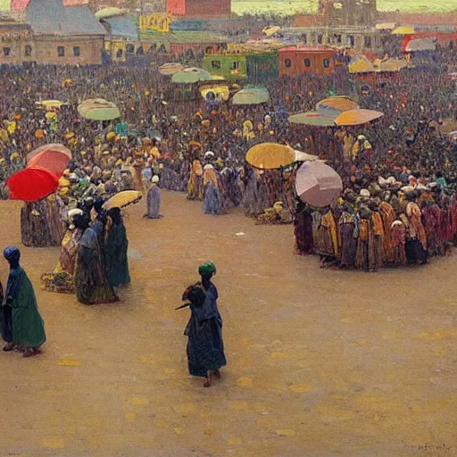 Prompt: dahomey officials holding flat colorful umbrellas in ahomey's huge main square, from above, 1905, highly detailed, oil on canvas, by ilya repin