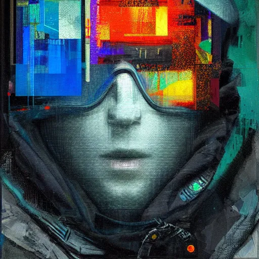 Prompt: portrait of a hooded character wearing a cyberpunk visor, digital ui, by Guy Denning, by Johannes Itten, glitch art, hacking effects, glitch effects, chromatic, color blocking, oil on canvas, concept art, abstract