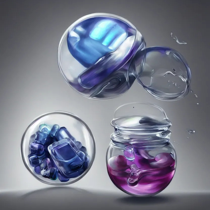 Image similar to concept art of an ethical dietary supplement in a round transparent bottle with black sticker on it, filled with a blue magenta iridescent liquid, by aenaluck, artgerm and roberto ferri and greg rutkowski, light blue and white tones, digital painting, artstation, concept art, smooth, sharp foccus ilustration hq