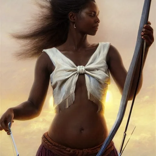 Image similar to art station concept of a beautiful girl with a bow and arrow, brown skin, sweaty skin, symmetrical face, casual white garment, white desert background, shiny colorful, hyperdetailed, artstation trending, world renowned artists, worth1000.com, historic artworks society, antique renewal, cgsociety, by greg rutkowski, by Gustave Doré, Deviantart