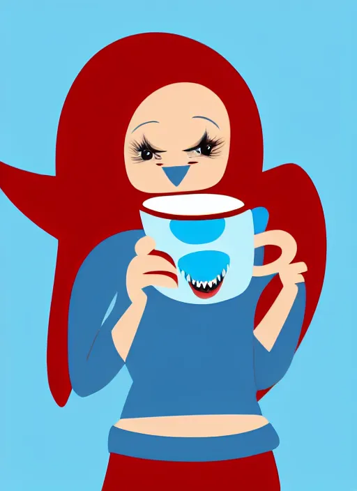 Image similar to female anthropomorphic blue shark with red hair holding a cup of coffee, digital art