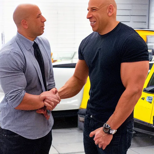 Prompt: a high quality photograph of vin diesel meeting Mark Sinclair