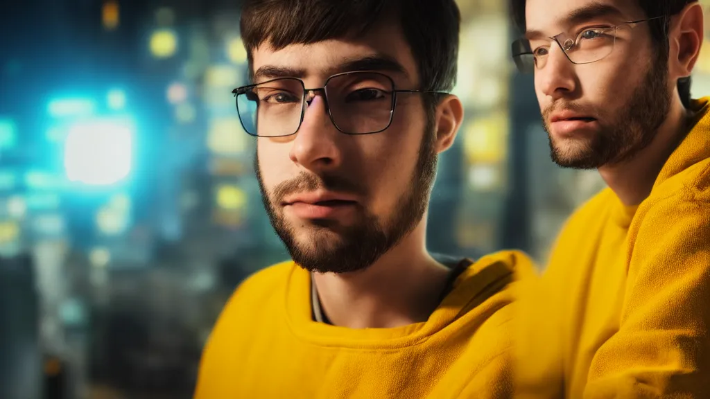 Image similar to close up portrait of young engineer in a yellow sweatshirt on the face of which glare from the computer. cyberpunk, volumetric lighting, 4 k, hd